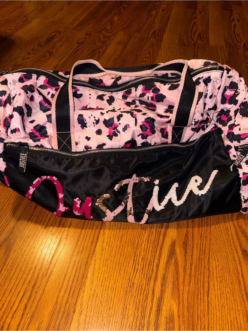 Justice Pink and Black Sequin Logo Kids Duffle Bag animal print